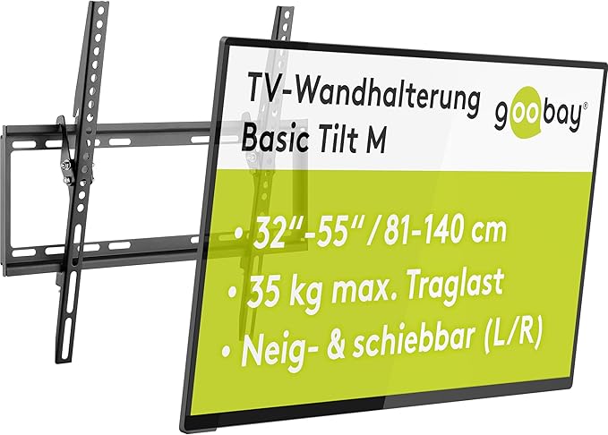 Goobay 49731 Wandhalterung 55 Zoll neigbar für Fernseher und Monitore von 32 bis 55“ bis 35Kg max. VESA 400×400, schwarz
