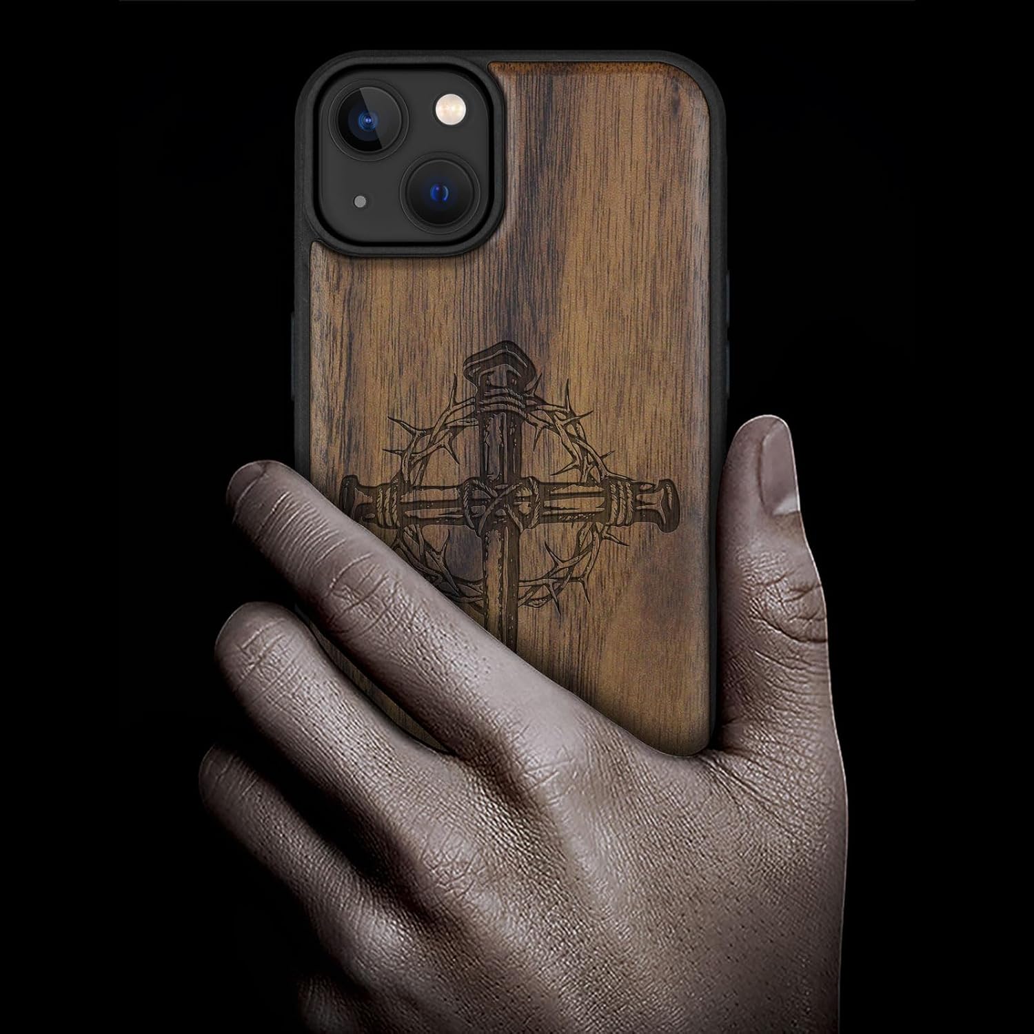 Carveit Magnetic Wood Case for iPhone 14 Plus Case [Natural Wood & Black Soft TPU] Shockproof Protective Cover Unique Wooden Case Compatible with magsafe (Crucifix Nails -Walnut)