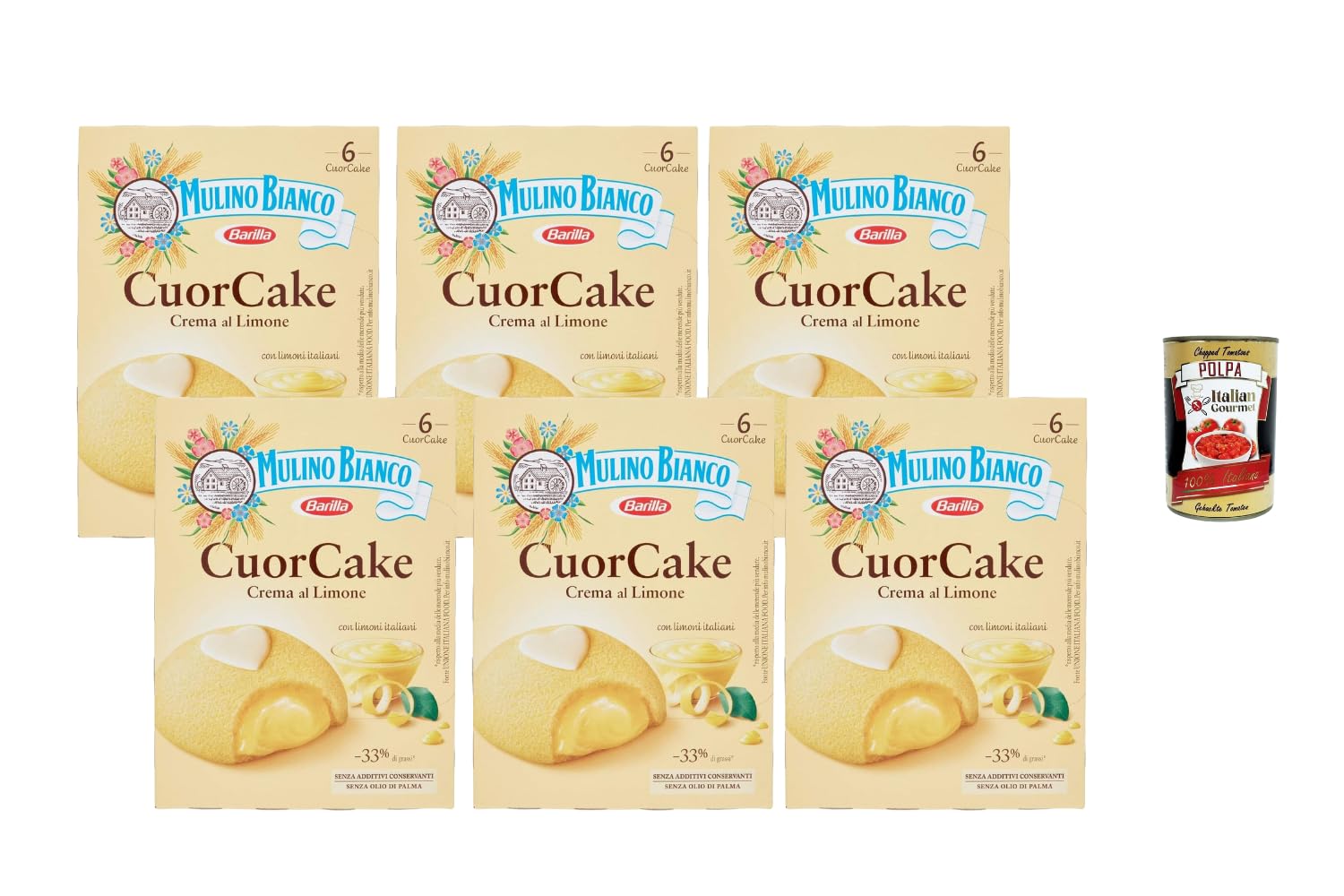Italian Gourmet Mulino Bianco CuorCake Citron 6 x 210 g – Gâteaux Italiens Fourrés à la Crème de Citron – Petit Déjeuner & Goûter + Polpa de Tomates Italiennes 400 g