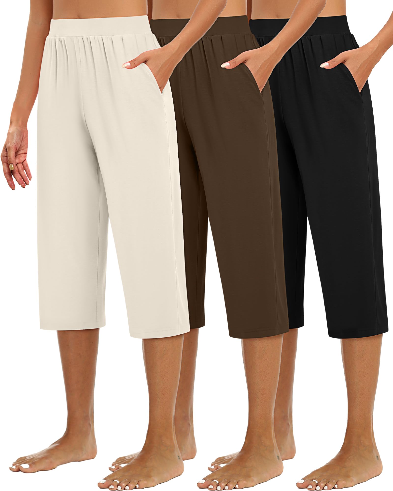 Huukeay 3 Pack Women's Capri Sweatpants, Cozy Wide Legs Cropped Capri with Pockets, Lounge Jogger Pants Workout Yoga Solid