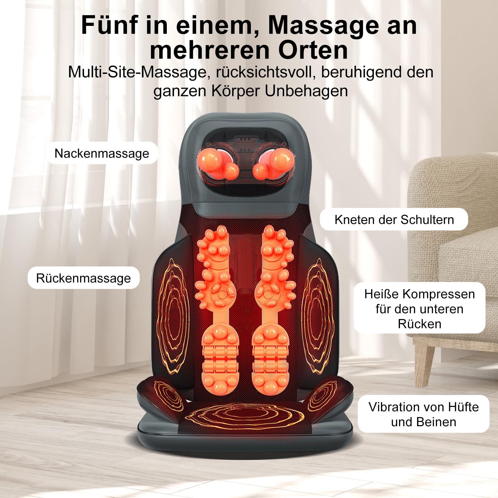 Rückenmassagegerät mit Wärmefunktion, Shiatsu Massagesitzauflage mit 3D-Massierköpfen und Vibration, Massagesitzauflage für Zuhause/Auto (Hellbeige)