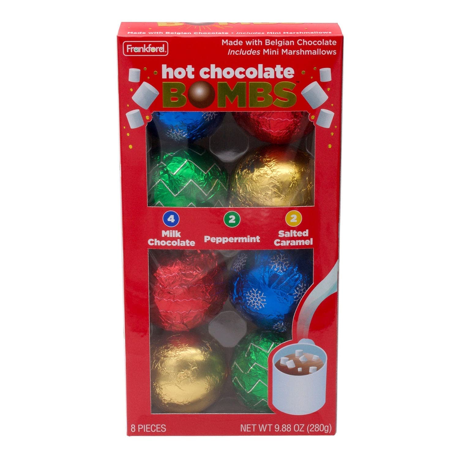 Frankford Hot Chocolate BOMB Variety Pack of 8 Individually Wrapped Hot Cocoa Balls, Salted Caramel, Milk Chocolate, Peppermint