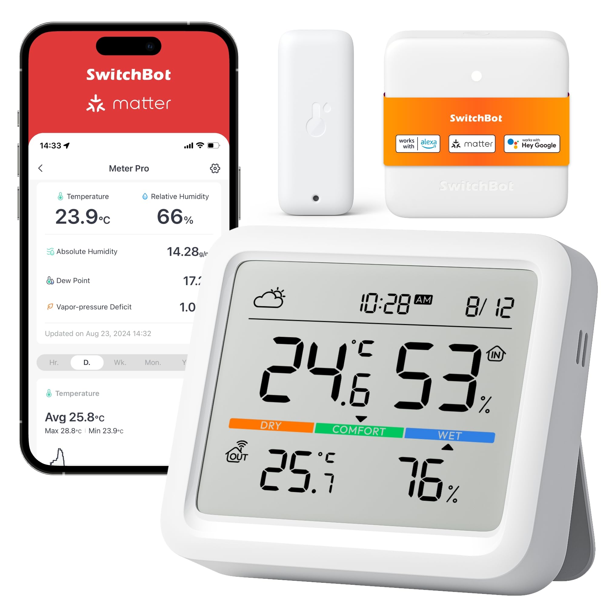 SwitchBot Wlan Wetterstation Funk mit Außensensor, Matter Hygrometer Thermometer Innen, Temperatursensor mit IP65 Außenthermometer und Matter Hub