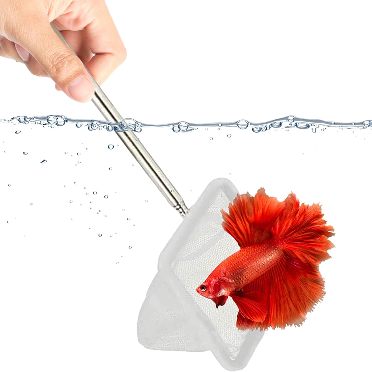 SunGrow Extendable Betta Net, Professional-Grade Stainless Steel Adjustable Telescopic Handle (8.8”-16.8”), Soft Woven Fishing Net for All Aquatic Pets, White, 3”x 3” Opening Size, 1 Piece Per Pack