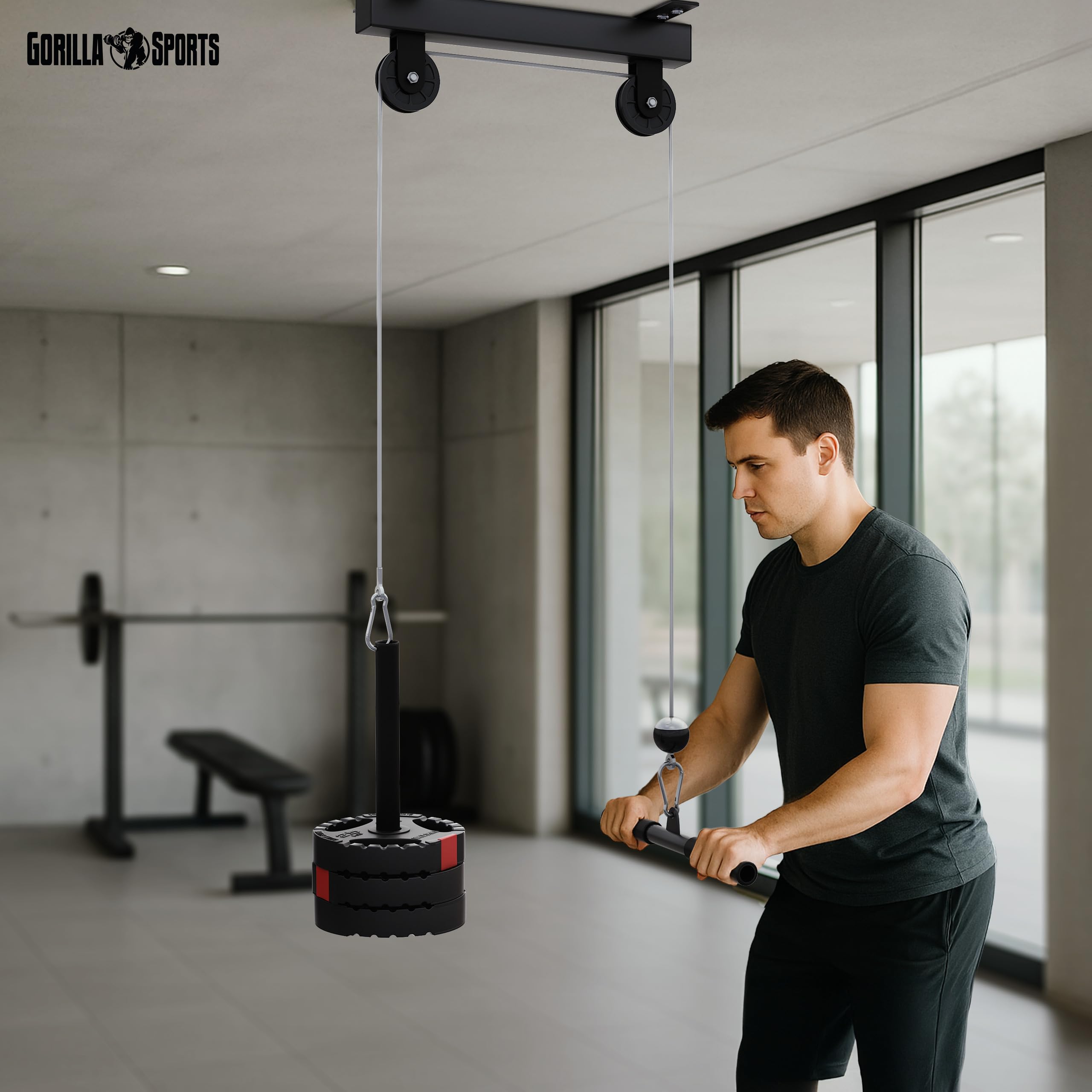 GORILLA SPORTS® Lat Pulldown - Barra da 35 cm, Montaggio a Soffitto, Max. 150kg, Ø 30/31 mm, con Cavo e Maniglia - Stazione Lat Machine, Bicipiti, Tricipiti, Puleggia da Palestra, Allenamento, Fitness