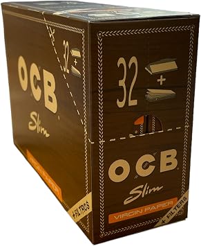 OCB 20166 Unbleached Slim Virgin Paper + Tips-32 Booklets of 32 Sheets, Long Unbleached Plus Tips, Paper