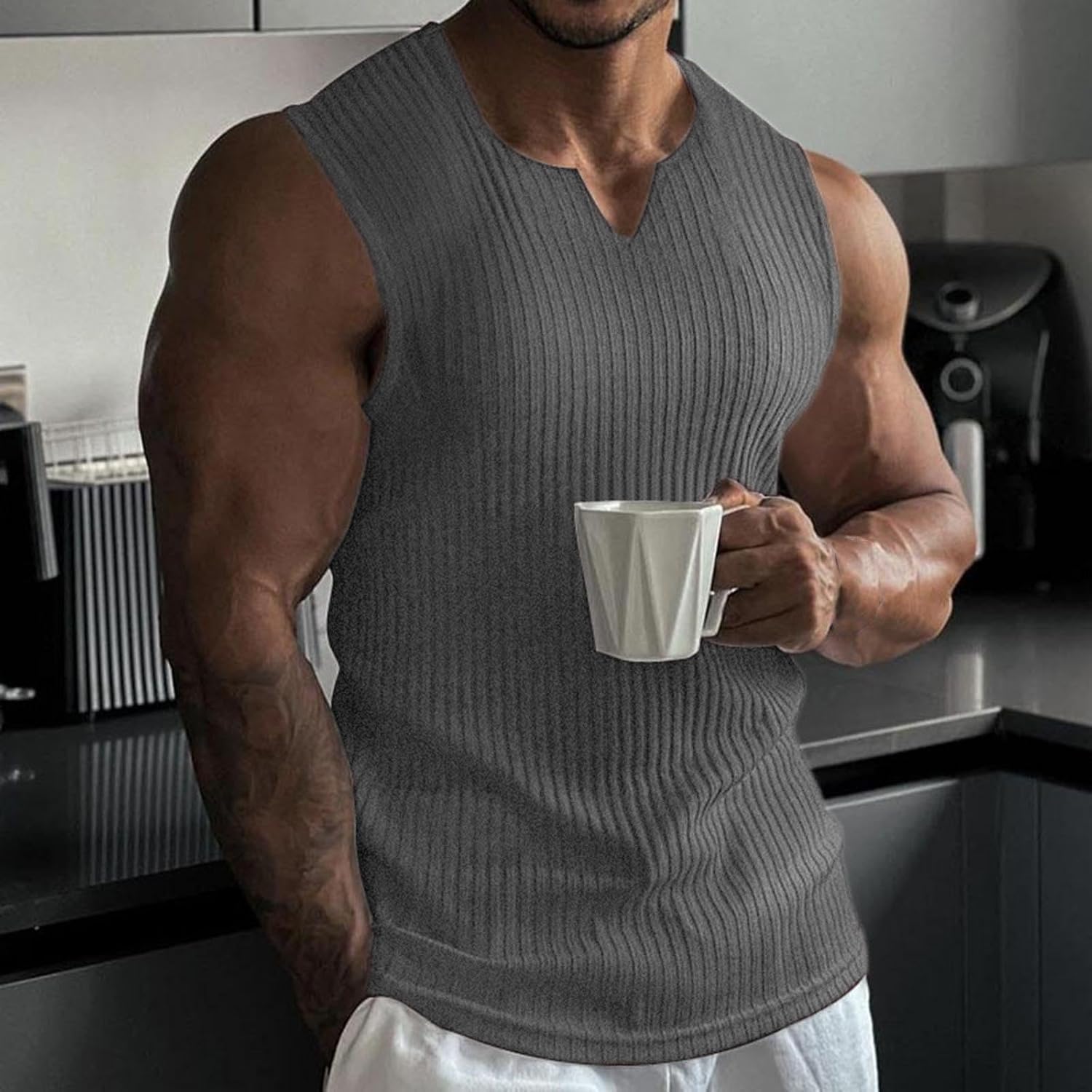 Notch V Neck Sleeveless T-Shirts for Men, Slim Fit Tank Tops | Slim Fit, Sleeveless Notch V Neck, Casual Fitness Tank, Soft Woven Pattern, Casual Backyard Gathering Shirt