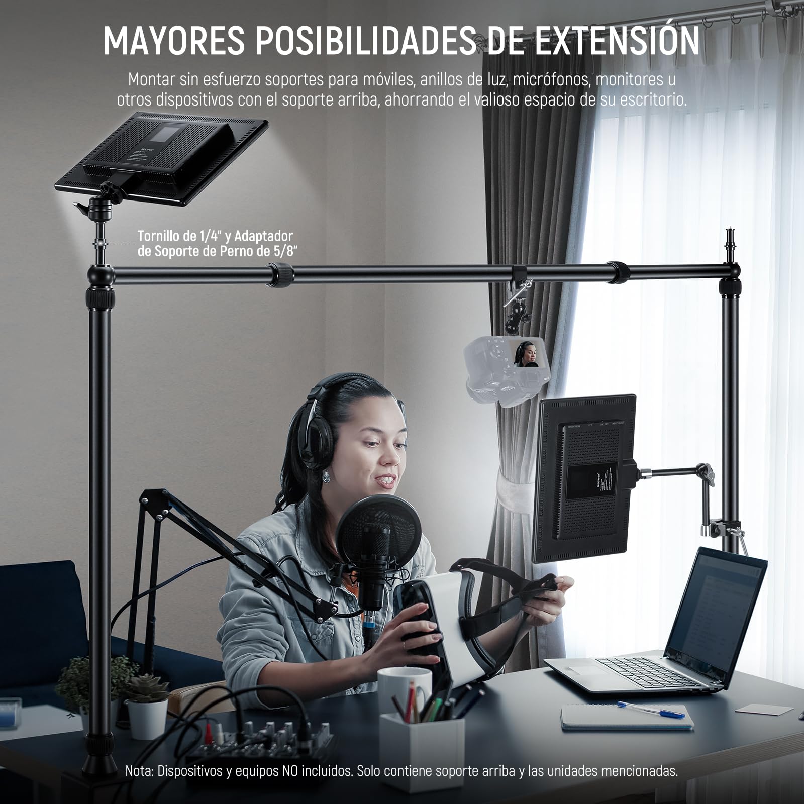 NEEWER NK002 Overhead Camera Mount Rig Platform con Soporte Teléfono/2 Cabezas/Brazos/Super Clamp/Paño para Mic Webcam, Soporte Escritorio Múlti Dispositivo con Ancho Altura Ajustable,Carga 26lb/12kg