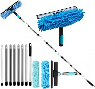 Professional 11.25ft Window Cleaner Extension Post Kit, Telescopic Window Scraper Cleaner with 343cm Long Handle, 2 in 1 Window Cleaning Kit for Home, Shower, Car, RV