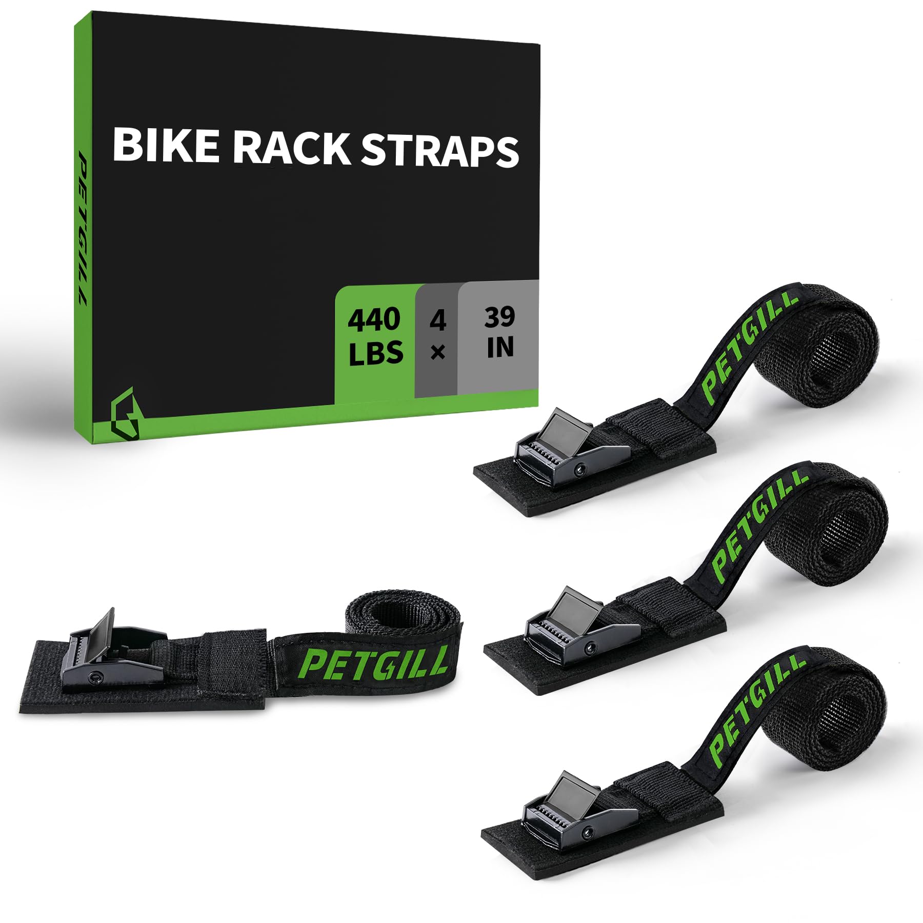 Tie Down Straps with Padding, Suitable for All Bicycle Carriers, Pack of 4, Length 100 cm, Width 20 mm, Load Capacity 200 kg, Clamping Lock, Tie Down Strap for Roof Racks, Bicycle Black 4 x 1m