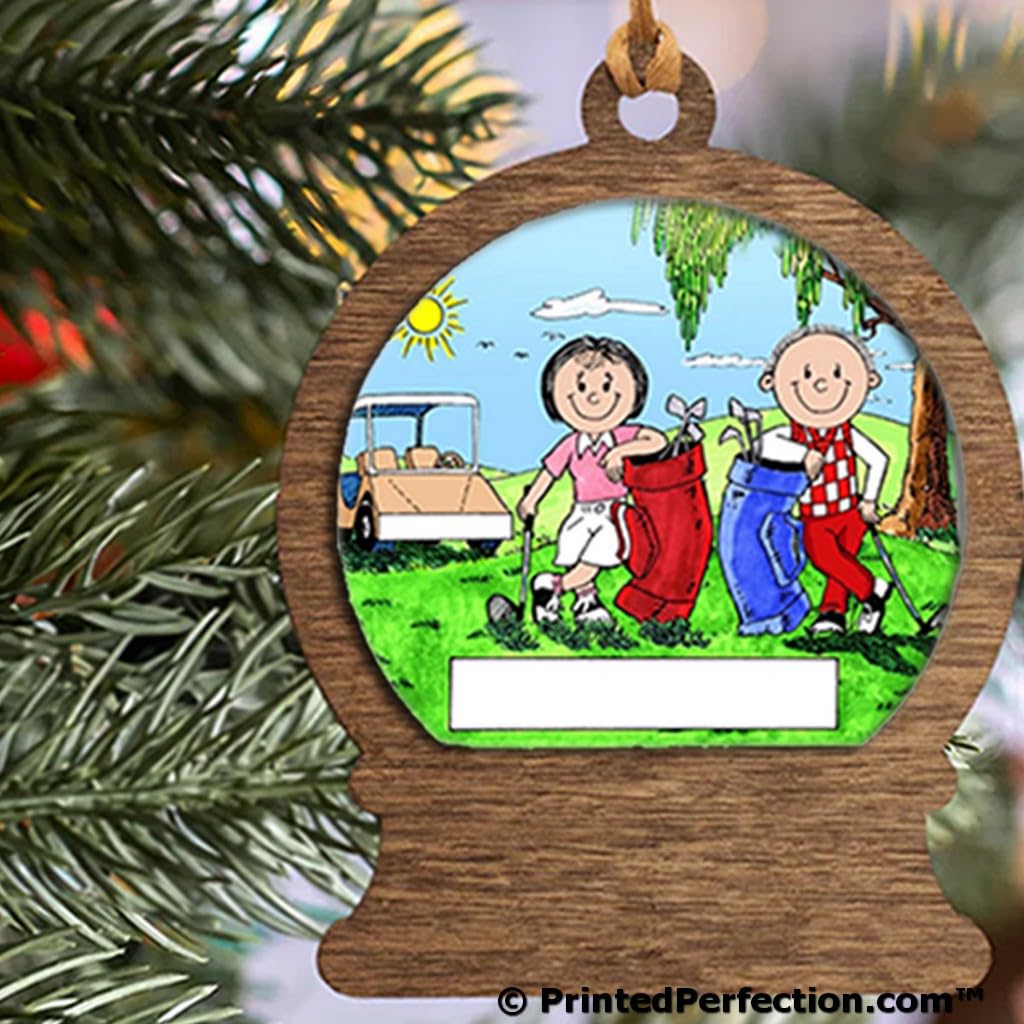 PrintedPerfection.com Personalized Golfing Couple Wooden Snow Globe Shaped Christmas Ornament