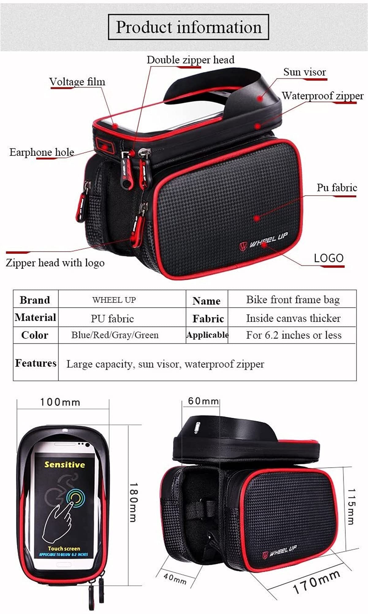 Bolsa para Bicicleta, sillín, Equipo para Bicicleta de montaña, Impermeable, para teléfono móvil, para Montar en Bicicleta (2 Piezas) (Color: Negro + Gris)