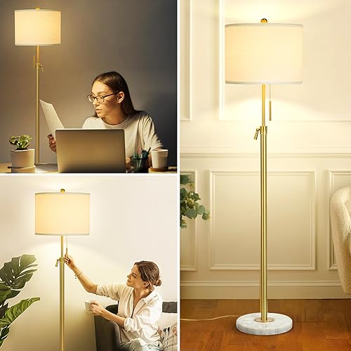 Miniatura 6 de Lámpara de pie moderna para sala de estar, lámpara de pie de altura ajustable con base de mármol, luz de poste alto de latón dorado regulable de 3