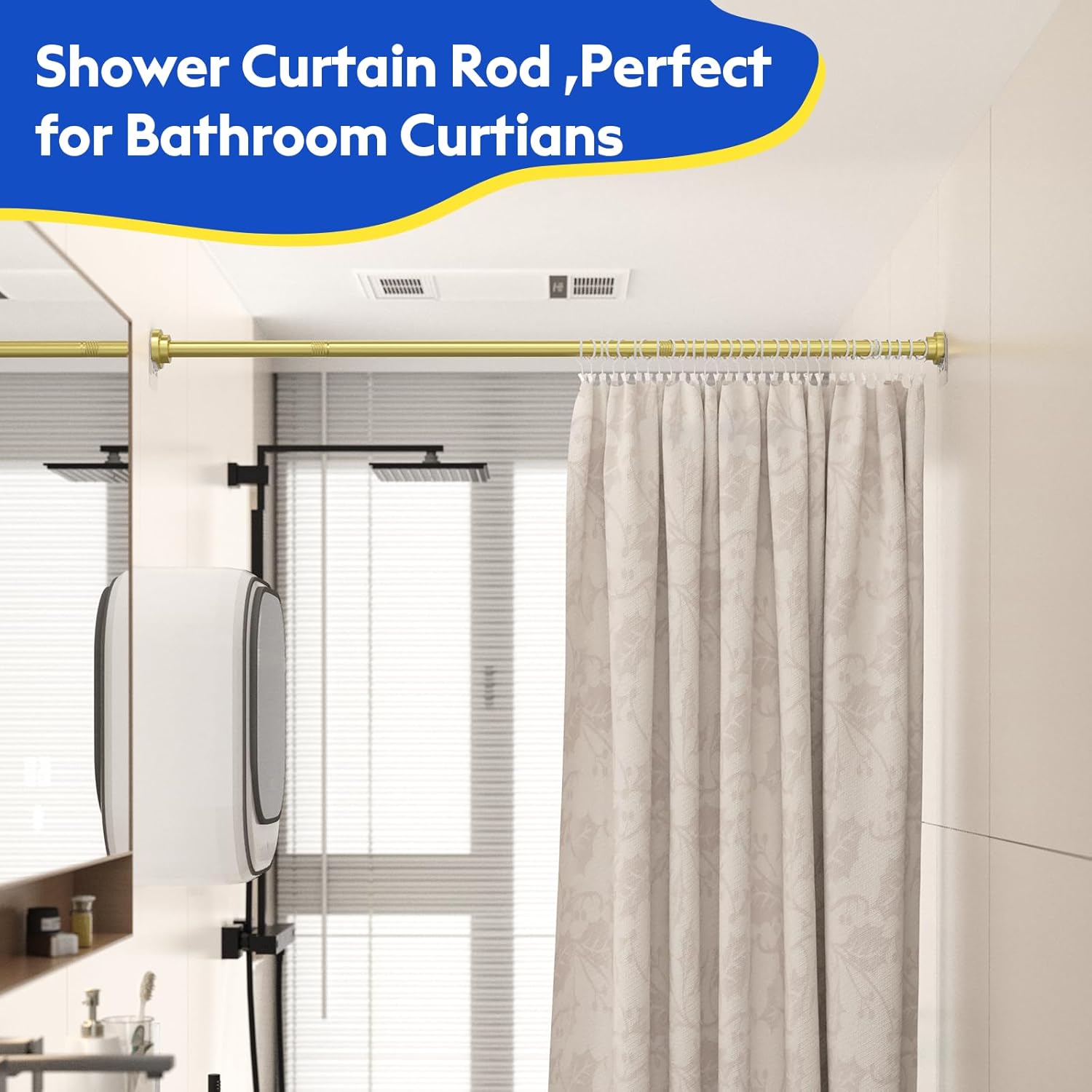 Samstar 2 Pack Gold Shower Curtain Rod,32-83 Inches(2.6-6.9ft),Adjustable Spring Tension Rod No Drilling,with 2 Free Anti-Slip Holder,for Bathroom Window Living Room,Gold,Pack of 2