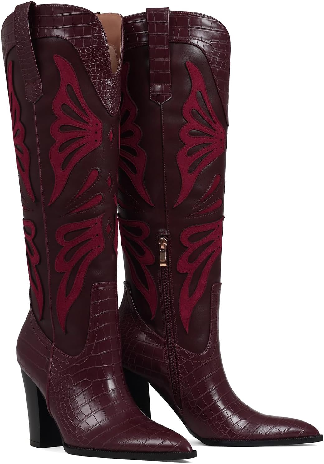 VOMIRA Cowboy Boots for Women Pointed Toe Chunky High Heels Butterfly Cowgirl Boots Wide Calf Knee High Boots Bridal Wedding Western Boots - Image 4