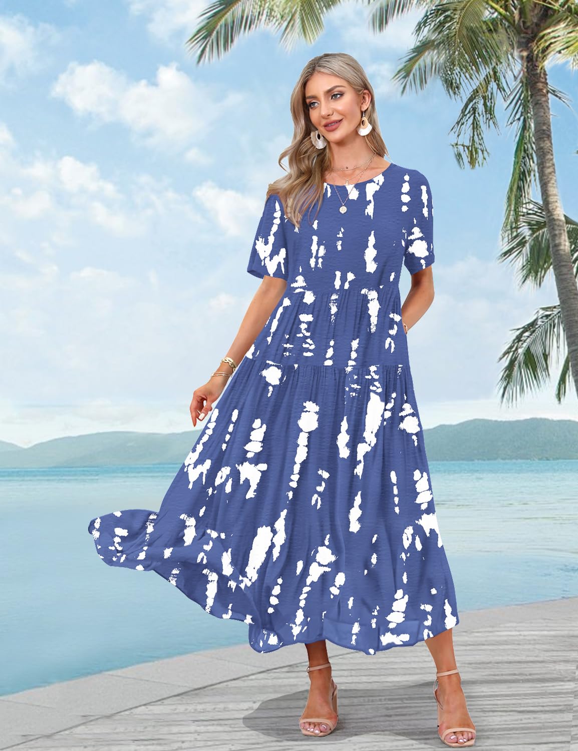YESNO Damen Kleider Freizeit Lose Sommerkleid Lang Boho Maxikleid für Rundhals Strandkleid Blumenkleid EJFDE