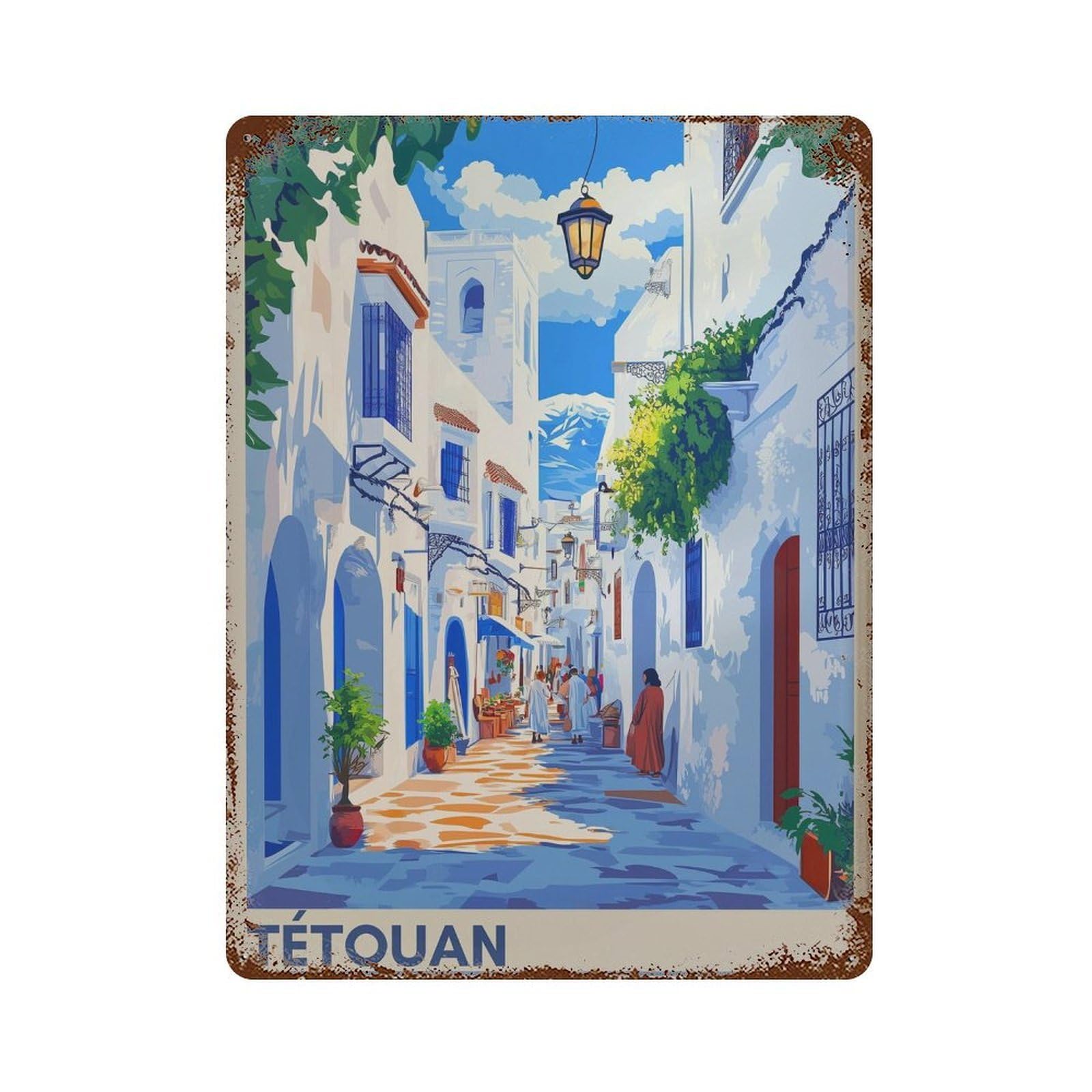 xiaoxiaoshen Tetouan Morocco Travel Mediterranean Village Wall Decor Art Metal Tin Poster Modern Home Decor Art Home Bar Shop Decorations Vintage Sign 40x30cm