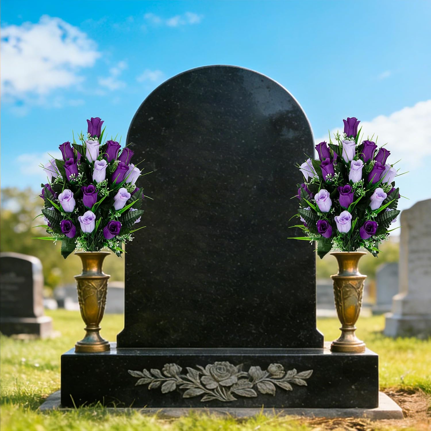 Artificial Cemetery Flowers - Set of 2 Grave Memorial Rose Flowers with Vase for Cemetery Headstones Gravesites Decoration (Dark Purple&Light Purple)