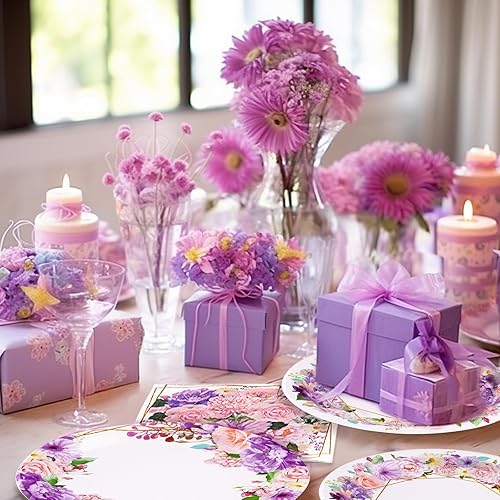 Miniatura 5 de 96 piezas de suministros de fiesta floral rosa platos de papel floral, servilletas, tenedores, decoraciones de fiesta de jardín para niñas, fiesta