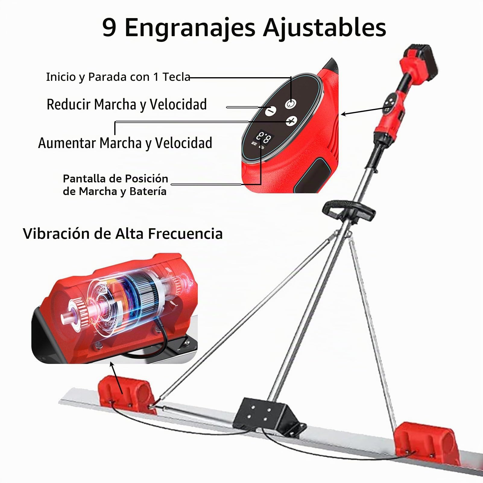 Herramienta Vibra para Acabado de Hormigón con Regla Eléctrica, Kits de Regla sin Cable, Vibración de Doble Frecuencia, para Construcciones Viales 2*Battery-2M