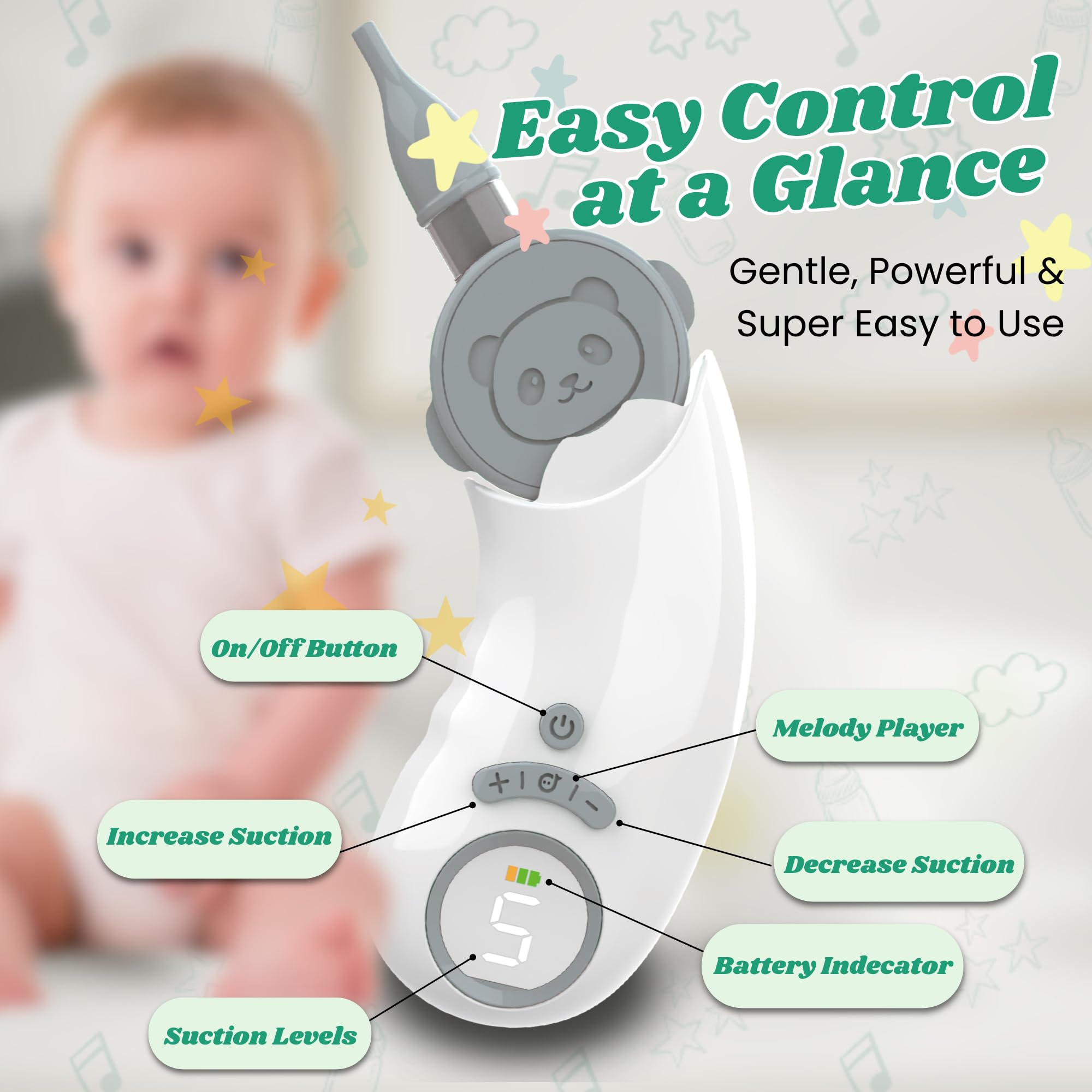 Aspiratore nasale elettrico per bambino, con ventosa per il naso con design adatto ai bambini, 5 livelli di aspirazione fino a 70 kPa, LED lenitivo e musica, coperchio rimovibile, impermeabile IPX7