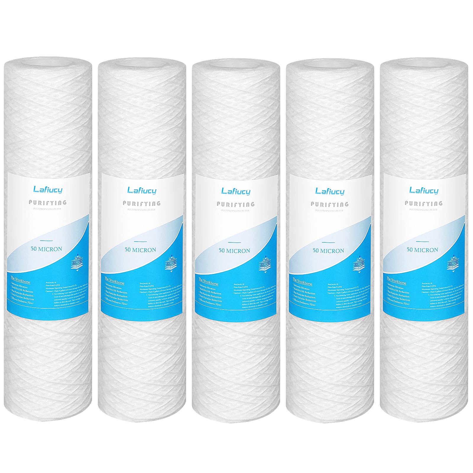 50 Micron 10" x 2.5" String Wound Sediment Water Filter Cartridge,5 Pack,Whole House Sediment Filtration, Universal Replacement for Most 10 inch RO Unit