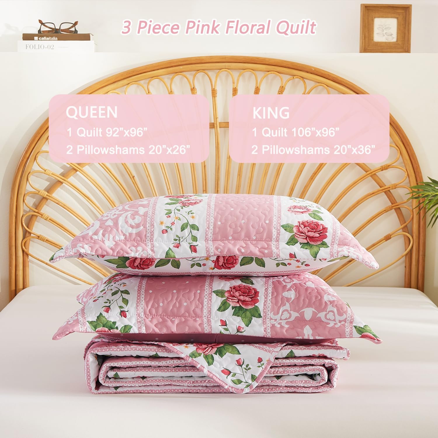EVENHUG Floral Quilts Set Queen Size 3 Piece Pink Bedding Set Reversible with 2 Pillow Shams Bedspread Coverlet Lightweight Soft Bed Cover for All Season(92"X96",Pink) - Image 5