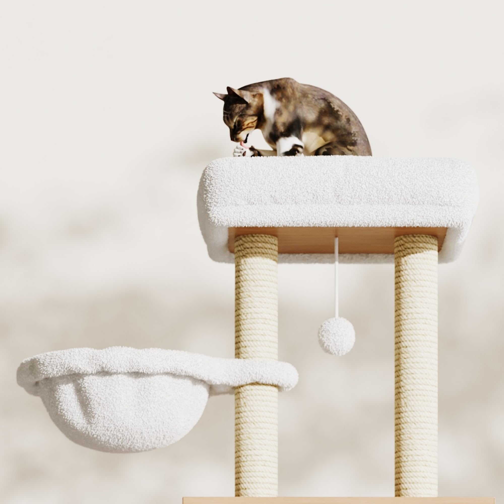 Tiragraffi alto 173 cm, cuccia per gatti con grande piattaforma, mangiatoia, 1 amaca e armadietto per gatti (senza lettiera), albero tiragraffi per gatti grandi e gattini, legno naturale
