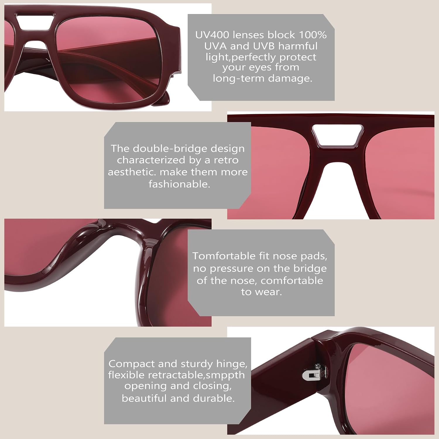 Retro Oversized Aviator Sunglasses for Women Men Square Double Bridge Trendy Thick Frame Sun Glasses Vintage Shades