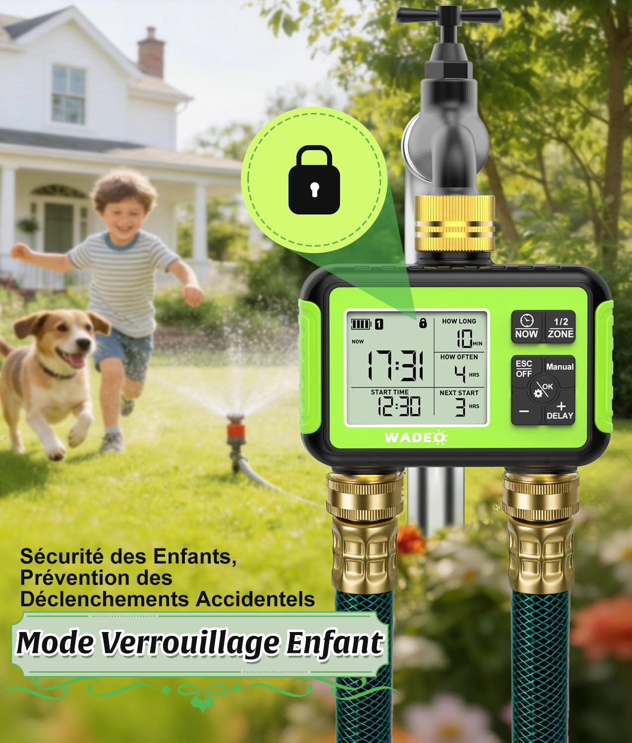WADEO Programmateur Arrosage 2 Zones Indépendant – 2 Voies, Entrée/Sortie Laiton, Écran LCD, Modes Auto/Manuel/Délai Pluie/Verrouillage Enfant, Arrosage Automatique pour Jardin et Pelouse