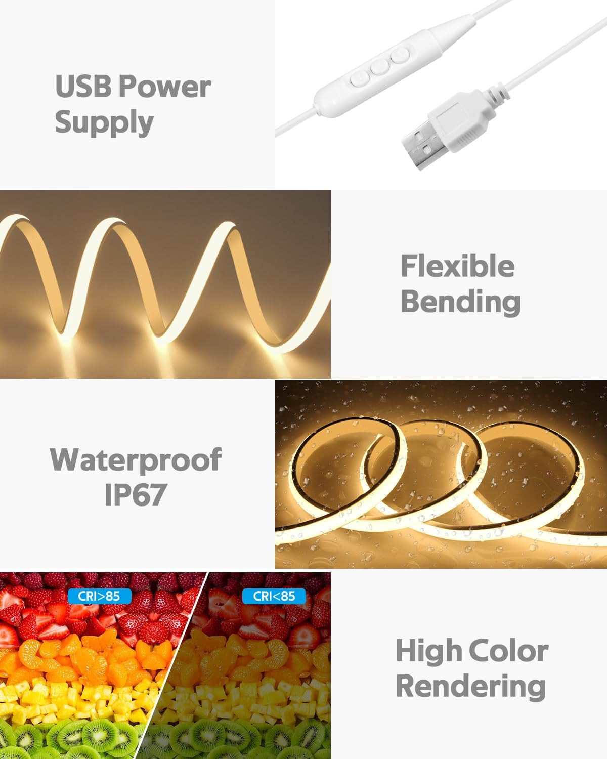 COB LED Strip Light 5V USB Powered 3.3FT/1M Dimmable LED Tape Light Warm White 3000K with Dimmer 320LEDs/M Flexible LED Rope Light Waterproof IP67 for Bedroom Cabinet DIY Indoor Decoration