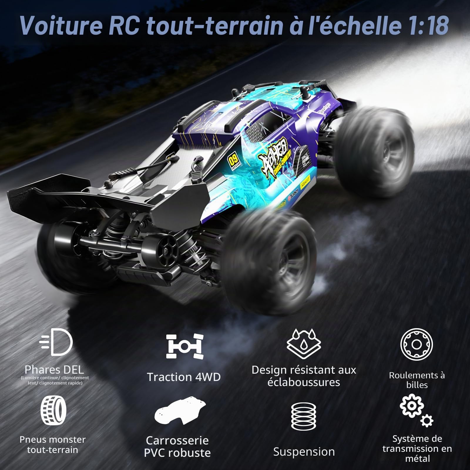 Voiture Télécommandée pour Adultes 1:18, RC Auto 2,4 GHz 4WD 40km/h, RC Car Offroad Sans Balais avec 2X 1500mAh Batteries & Moteur RC380: RC Buggy pour l'extérieur à partir de 14 ans