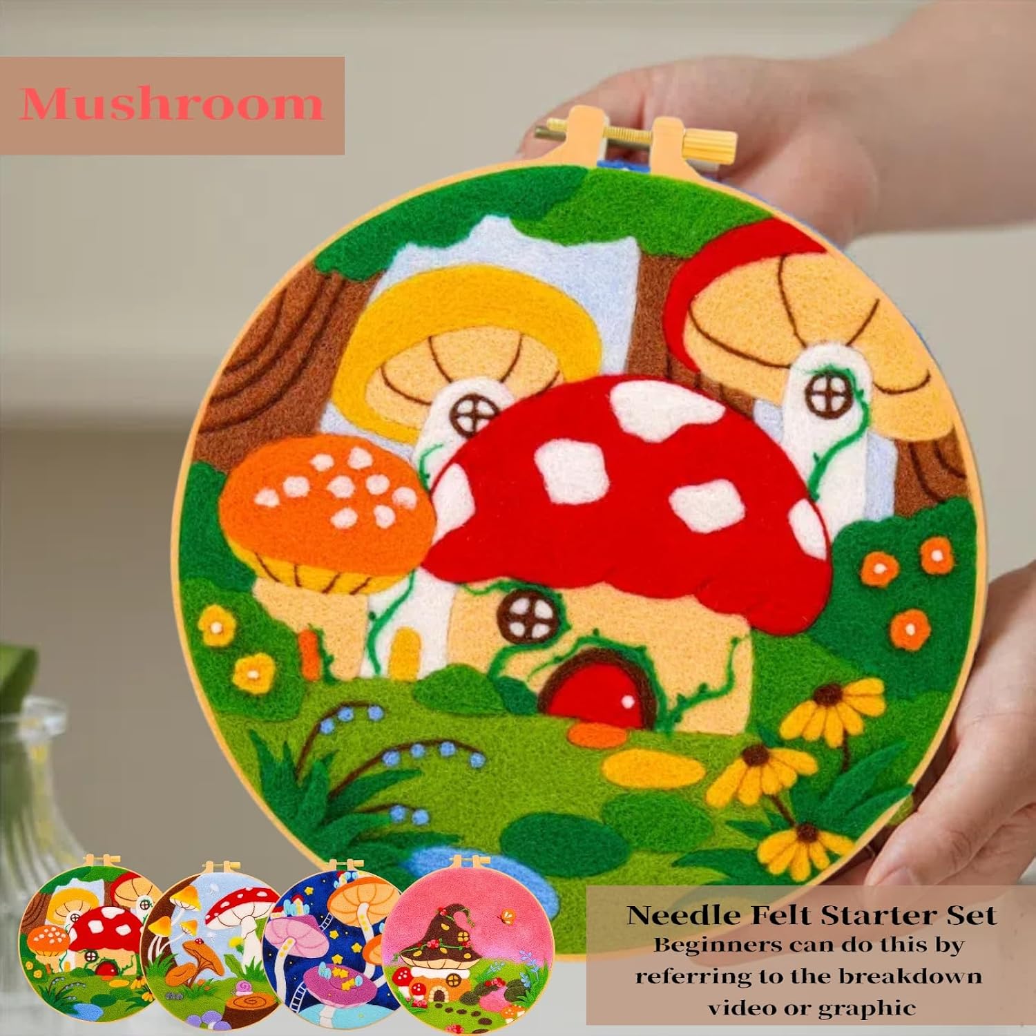 Wonafa Needle Felt Starter Set,Wool Needle Felt Starter Kit, Beginner Needles Felts Kit (Mushroom Star)(Mushroom Star)