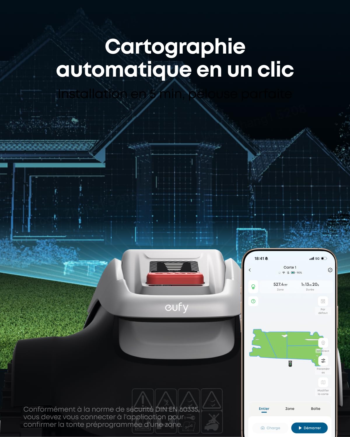 eufy E15 Robot Tondeuse sans Fil périphérique ni RTK, sans problème de Signal, Configuration 5 Min, cartographie Mains Libres, 800 m2, contournement Obstacles, Bordures, Navigation Intelligente