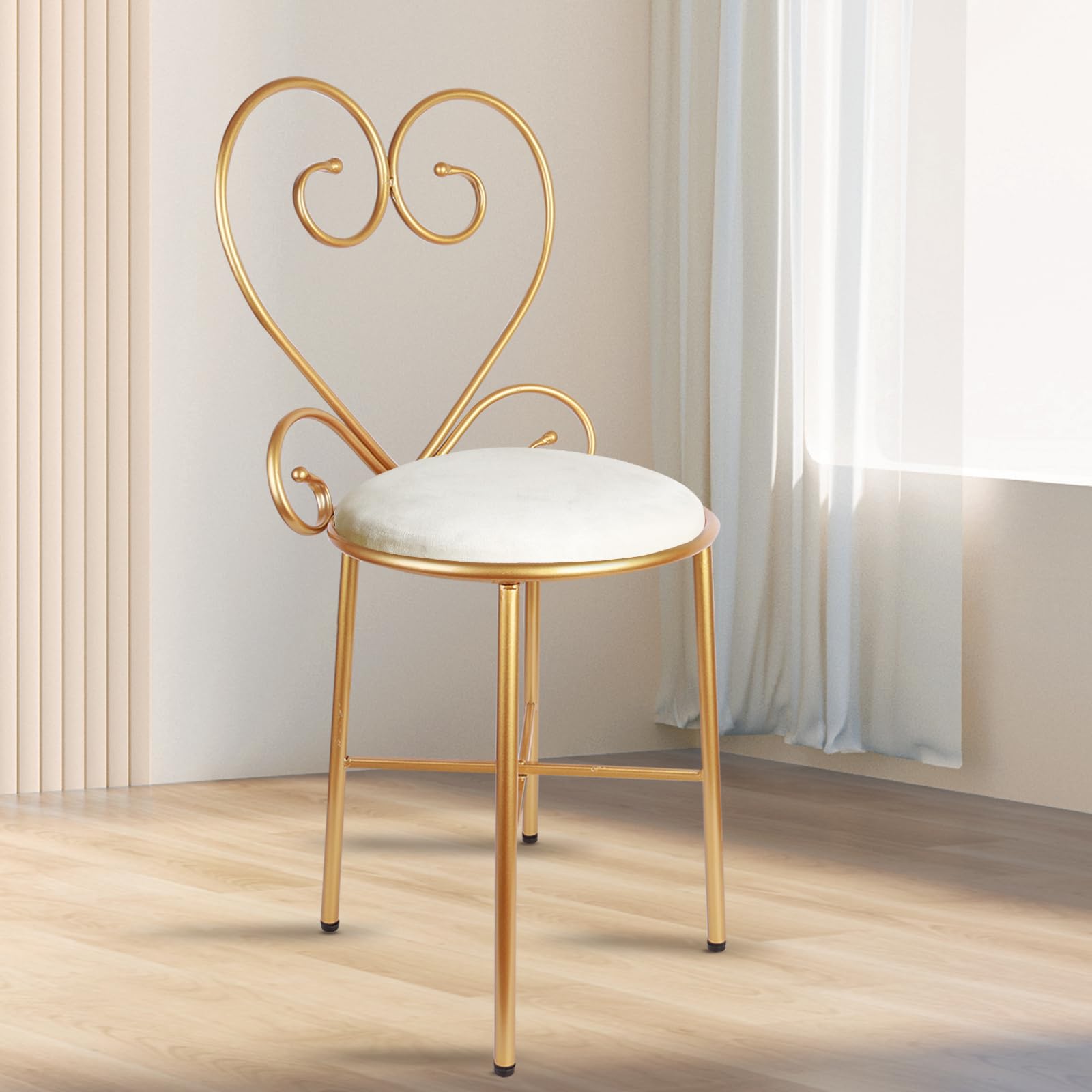 Gluck Plants Vanity Chairs,Velvet Makeup Chair,White Stool Ottoman Modern Dressing Chair,Golden Metal Frame Velvet Seat for Girls Bedroom,Living Room,Beauty Room