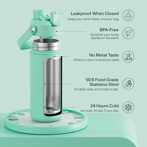 Miniatura 13 de ENCOOL Botella de agua aislada con popote, de acero inoxidable, a prueba de fugas, sin BPA, al vacío de doble pared que se mantiene fría durante 24