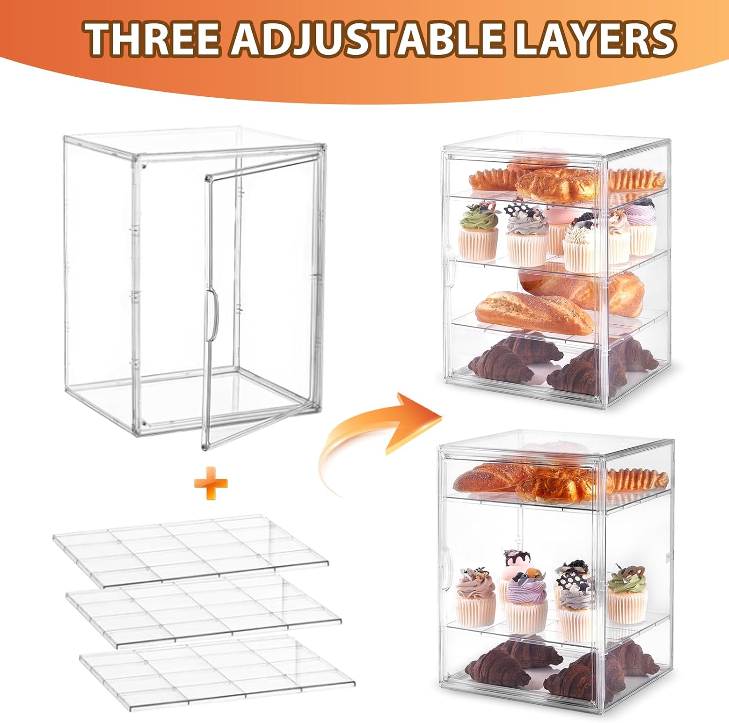 Pastry Display Case,Large Bread Box for Kitchen Countertop,4 Layers Adjustable Bakery Display Case,Clear Breadbox for Baked Goods Cookie Dessert Cupcake Kitchen Counter 15.5x11.4x9.9 Inch