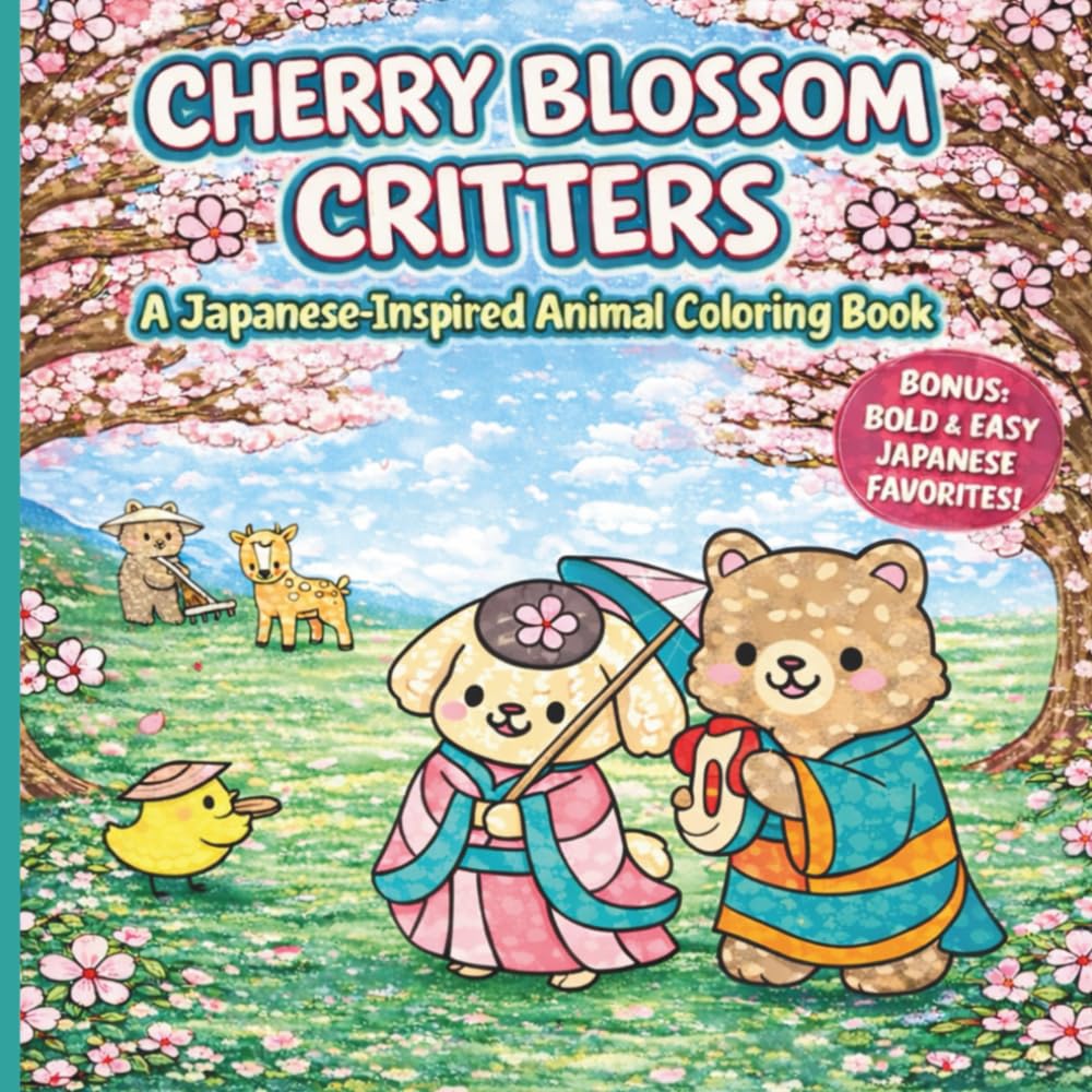 Cherry Blossom Critters: A Japanese-Themed Animal Coloring Book featuring a whimsical world where adorable animals meet the magic of Japanese culture. Perfect for all ages!