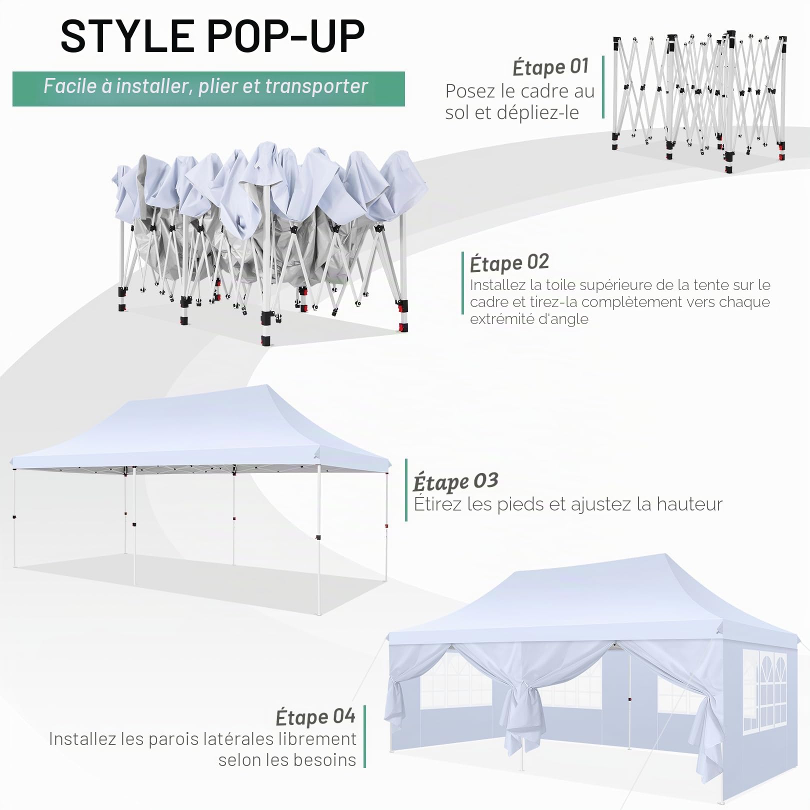 COBIZI Tonnelle Pliante 3 x 6 m, étanche, Stable, résistante à l'hiver, Pliable, avec 6 parois latérales et 4 Sacs de Sable, Pop-up, tonnelle de Jardin, Anti-UV, pour l'extérieur, Blanche