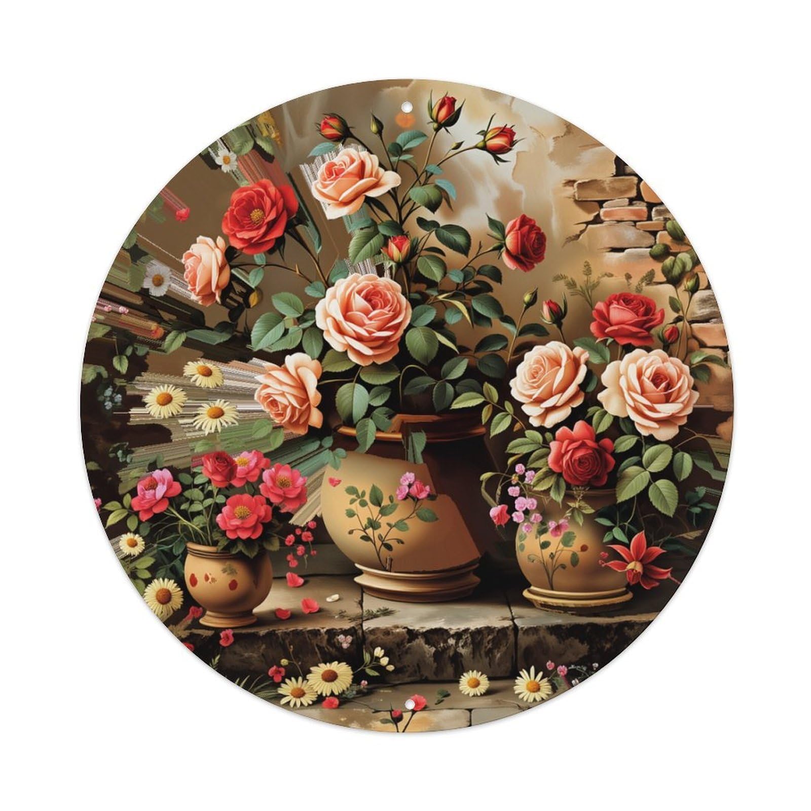 Floral Rose Garden Vase Pattern Round Tin Sign Retro Metal Sign for Cafe Bar Pub Home Game Room Gym Club Wall Decoration Vintage Metal Poster 8x8 Inch