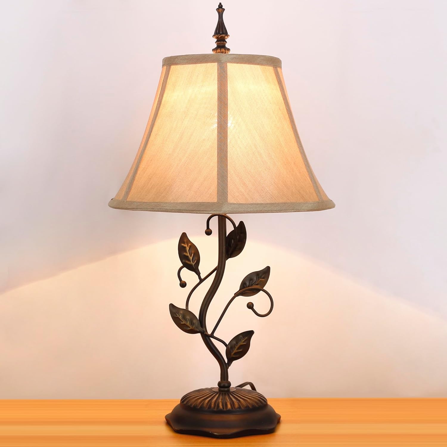 Farmhouse Table Lamp Antique Resin Metal Leaf Base Traditional Rustic Mid-Century Desk Lamp 22.5 Inch Tall for Living Room Office Bedroom