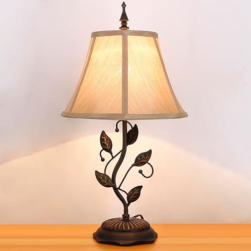 Farmhouse Table Lamp Antique Resin Metal Leaf Base Traditional Rustic Mid-Century Desk Lamp 22.5 Inch Tall for Living Room Office Bedroom