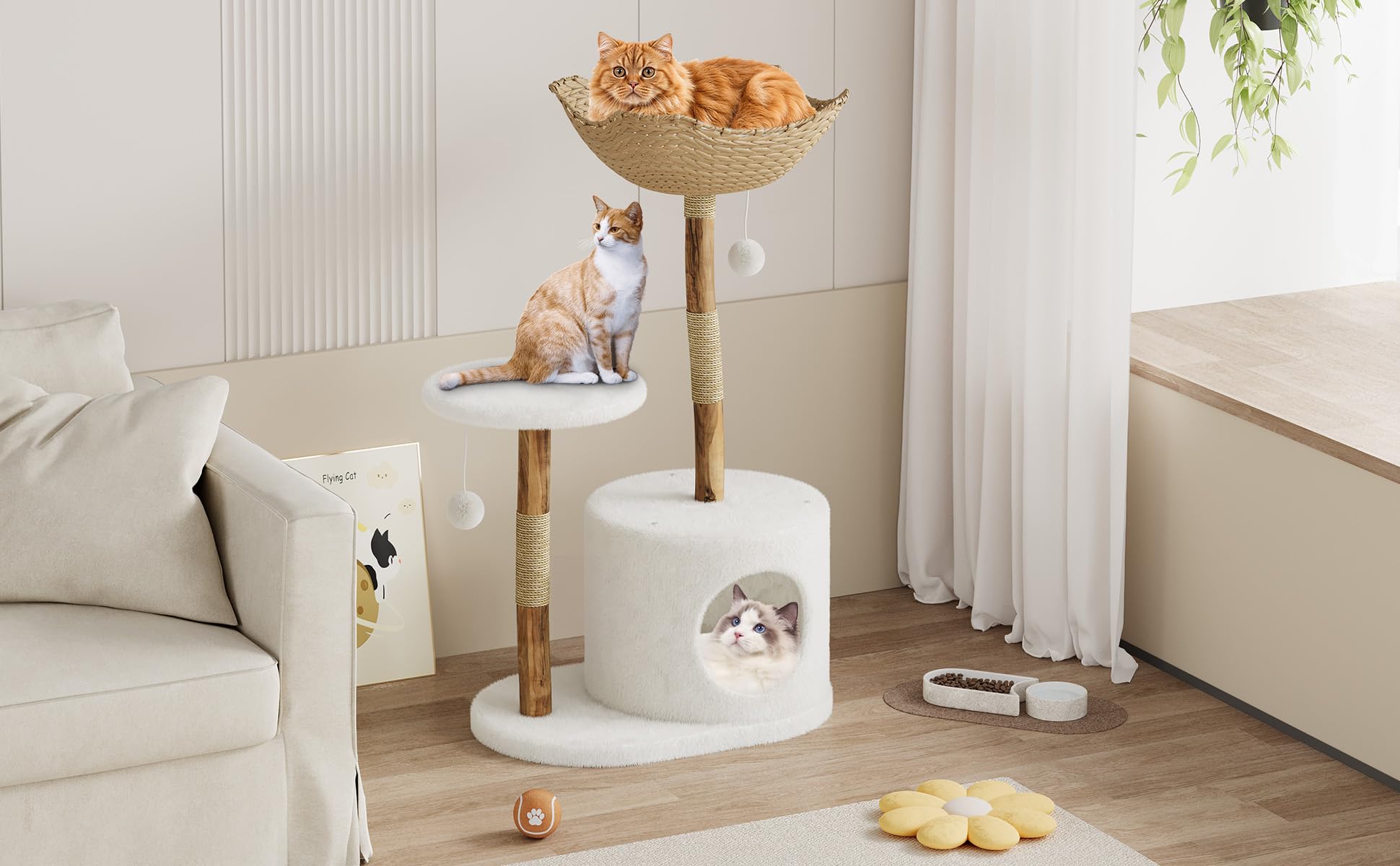 46" Natural Wood Cat Tree with Rattan Basket, Scratching Posts, Condo, Multi-Level Cat Tower for Indoor/Large Cats