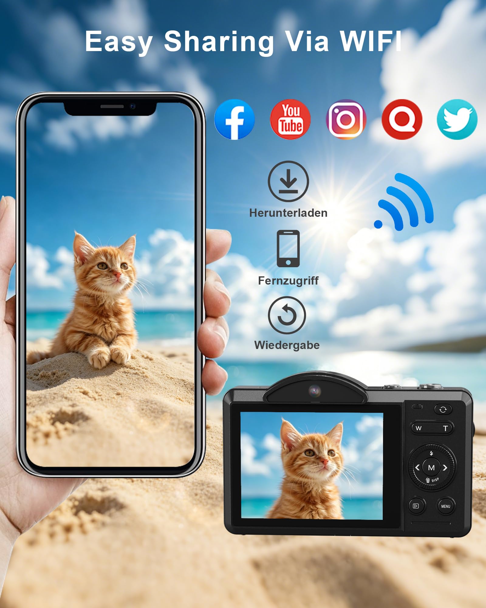 5K 80MP Cámara Digital Camara de Fotos para Vlogs con Wi-Fi, Cámara Compacta con Pantalla LCD de 2.8", Autofoco, Zoomdigital 18X, Tarjeta 64GB Incluida, Selfies Cámara para Principiantes Adolescentes