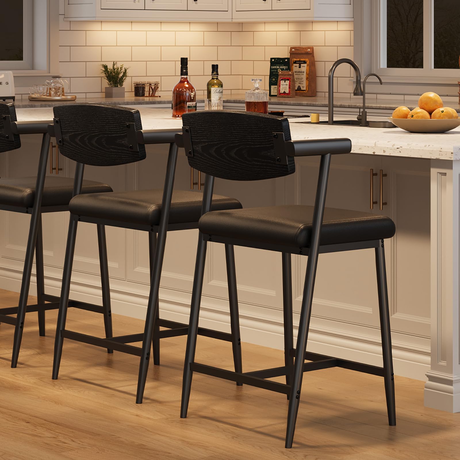 garveehome counter height bar stools set of 2 with arms, 26 in upholstered modern bar stools set with wood back & footrest for kitchen island, counter bar, wider seat, easy assembly,retro black