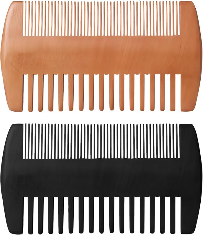 Wooden Beard Comb Kit, Dual Action Fine & Coarse Teeth, Wood Color and Black Pocket Comb for Beards & Mustaches & Hair Grooming Care (2 Pack)