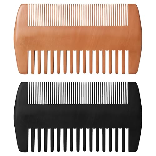 Kit de peine de madera para barba, dientes finos y gruesos de doble acción, color madera y peine de bolsillo negro para barbas, bigotes y cuidado
