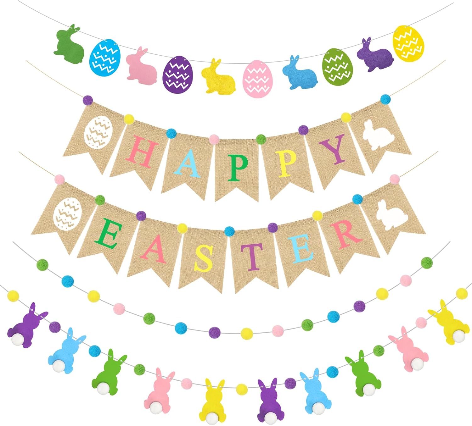 Ouddy Life 5Pcs Happy Easter Burlap Banner, Easters Felt Ball Bunny Garland with Pom Poms for Happy Easter Decorations Home Spring Farmhouse Mantle Office Party Kids Egg Hunts Indoor Outdoor Decor