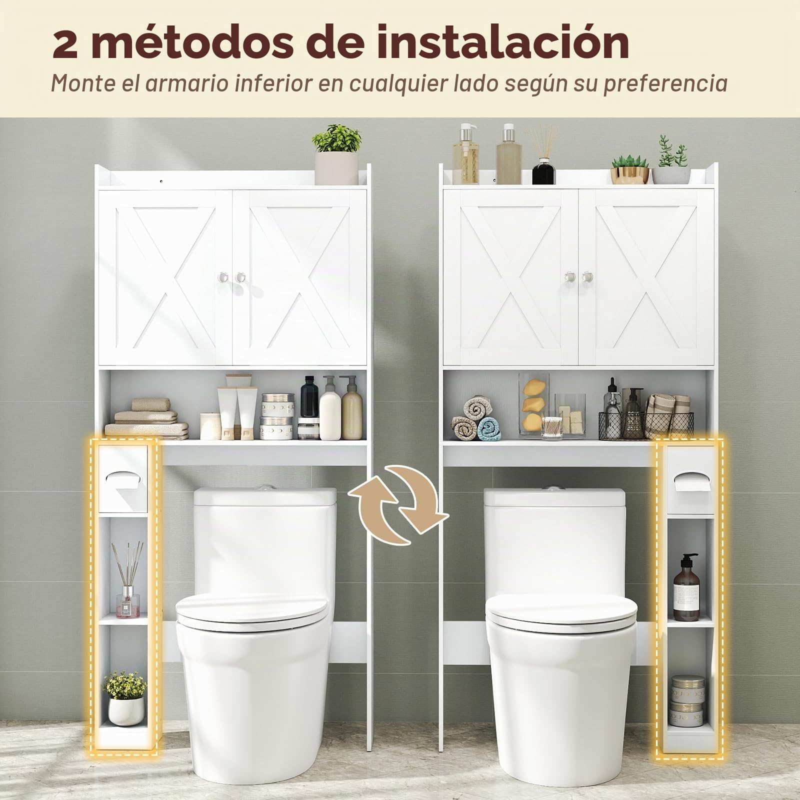 GOPLUS Armario de Almacenamiento sobre el Inodoro, Mueble de Baño de Suelo con Puertas Granero, Estante y Barra Inferior Ajustable, Portarrollos, Organizador Ahorra Espacio para Lavandería (Blanco)