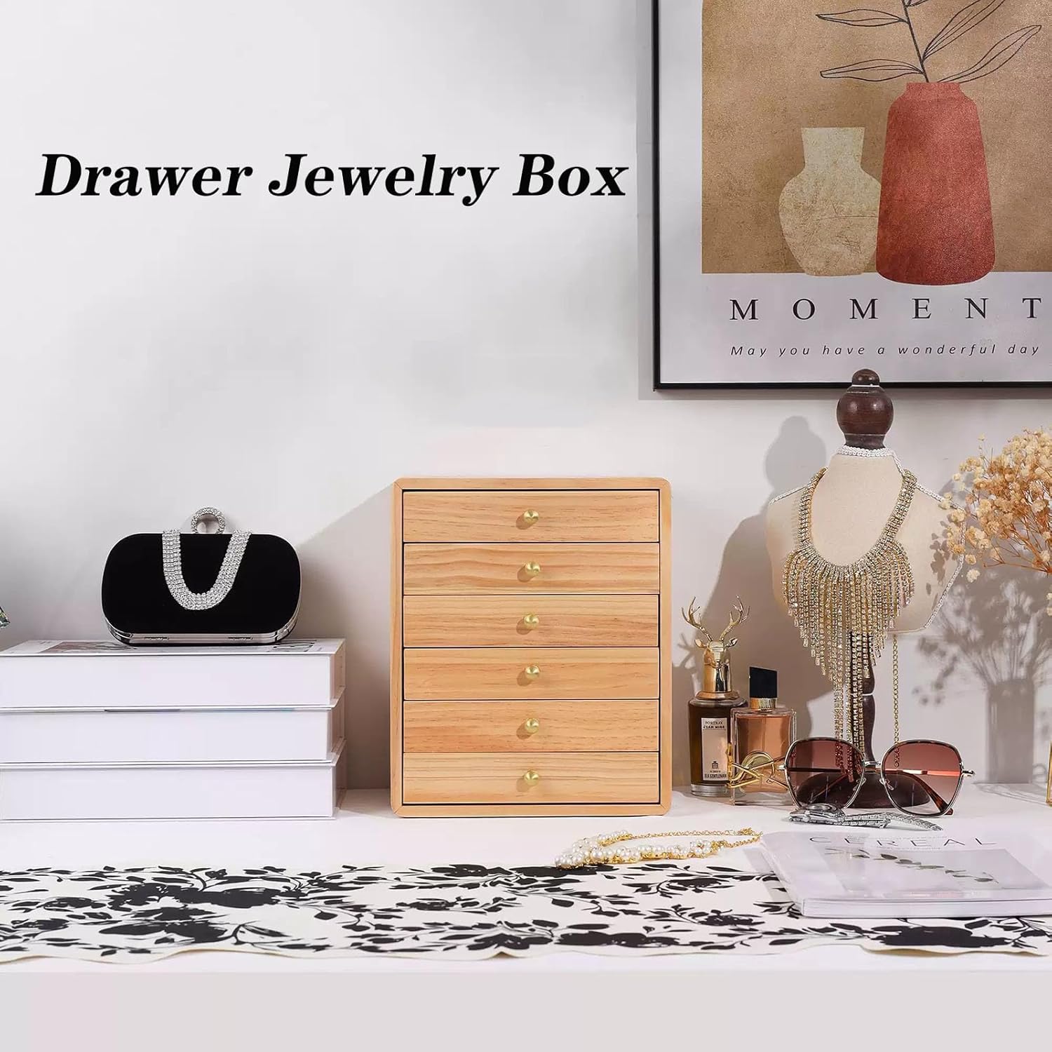 メンズアクセサリーオーガナイザー引き出しジュエリー収納ボックス、ソフトベルベット枕付き、ガラス蓋付き引き出しオーガナイザーボックス、